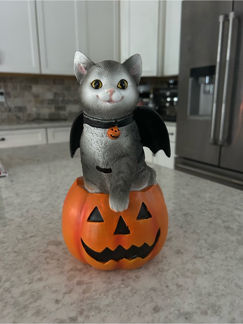 “New” Hallow Home Gray Cat with Bat Wings Halloween Pumpkin Figurine